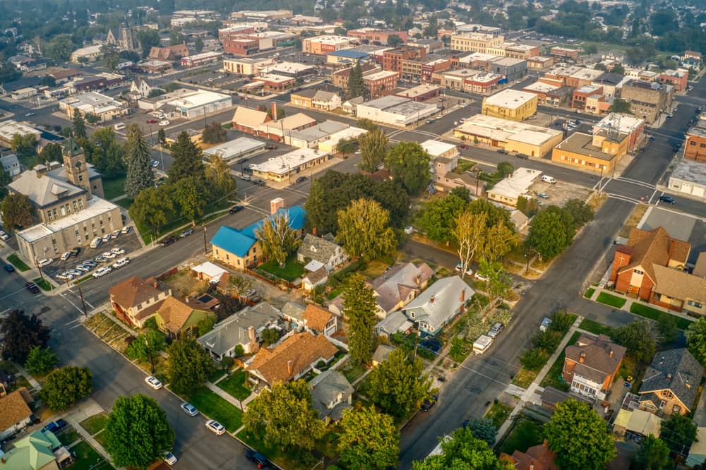 Aerial view of Baker City Oregon historic downtown